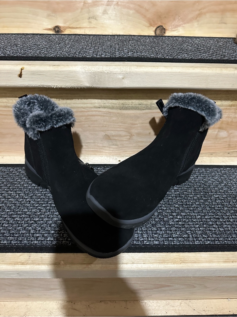 Skechers Black Faux Fur Trim Suede Ankle Booties